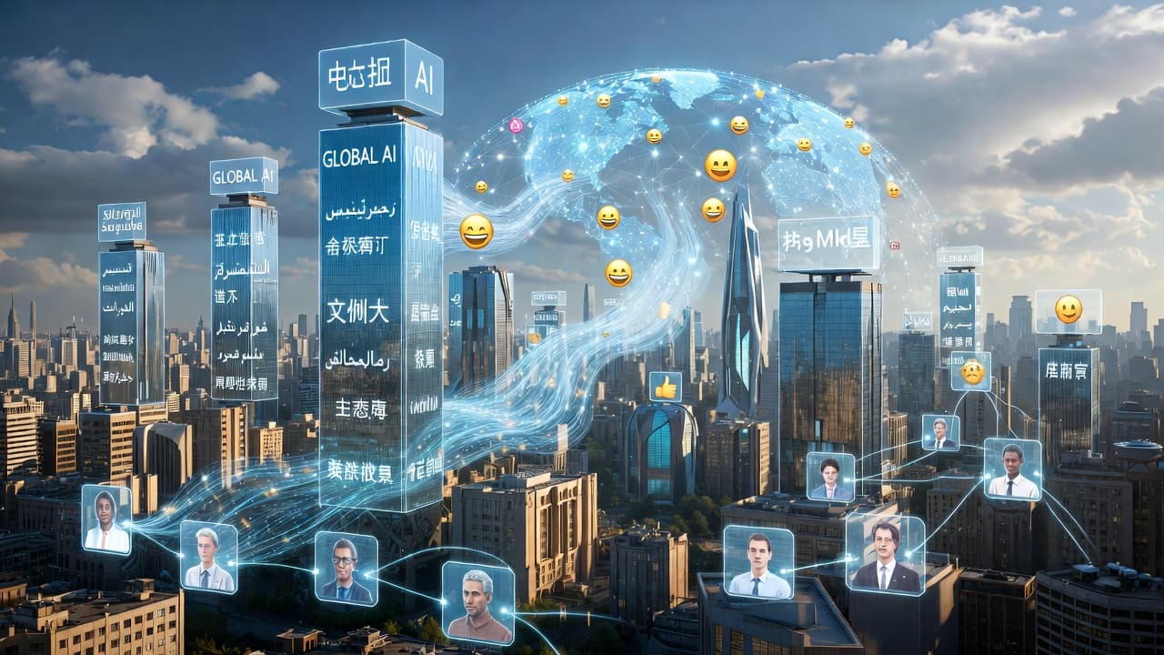 Futuristic cityscape with holographic displays showing diverse languages and AI communication